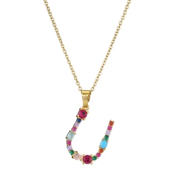 U Initial Pendant Necklace Multicolor Rhinestones Gold Tone Chain - Picture 13 of 16